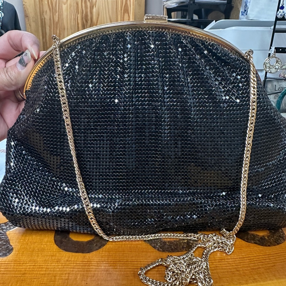 Whiting & Davis Black Mesh Clutch with Gold Chain